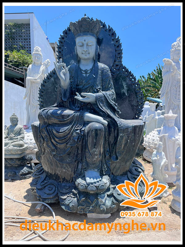 Tượng Phật Địa Tạng Vương Bồ Tát Tọa Sen Bằng Đá Cẩm Thạch Xanh 3 Mét