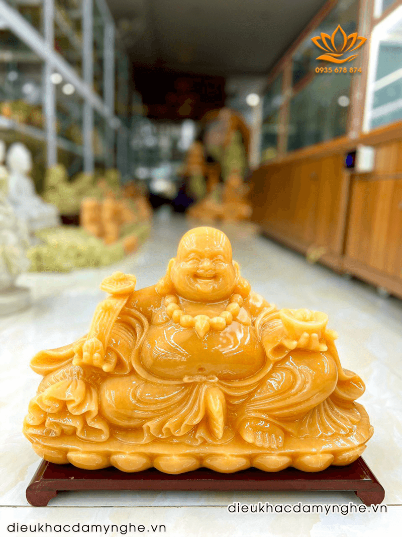 Tượng Phật Di Lặc Nhỏ Bằng Đá Vàng Hoàng Long Để Trong Nhà