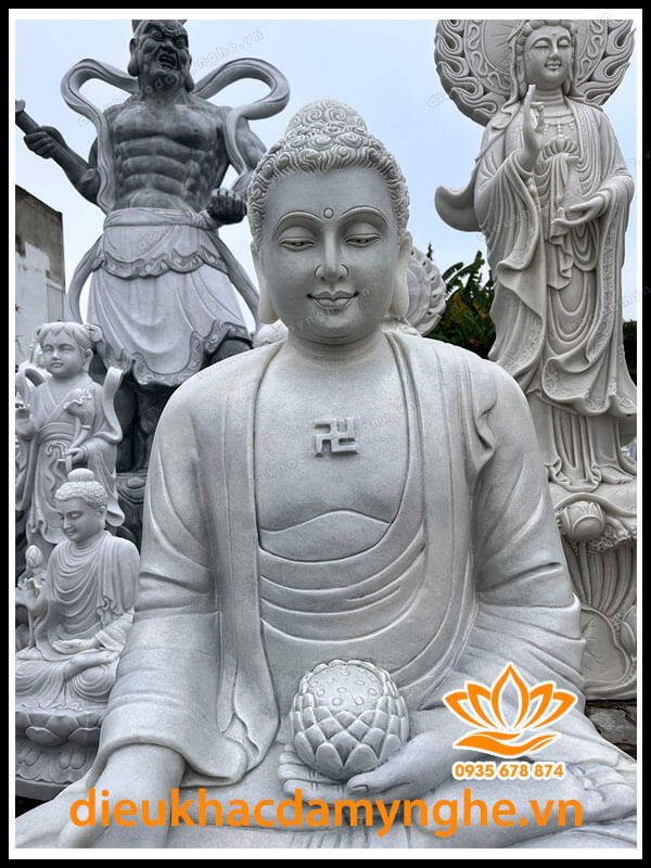 Tượng Phật A Di Đà Ngồi Bằng Đá Trắng Nguyên Khối Tự Nhiên