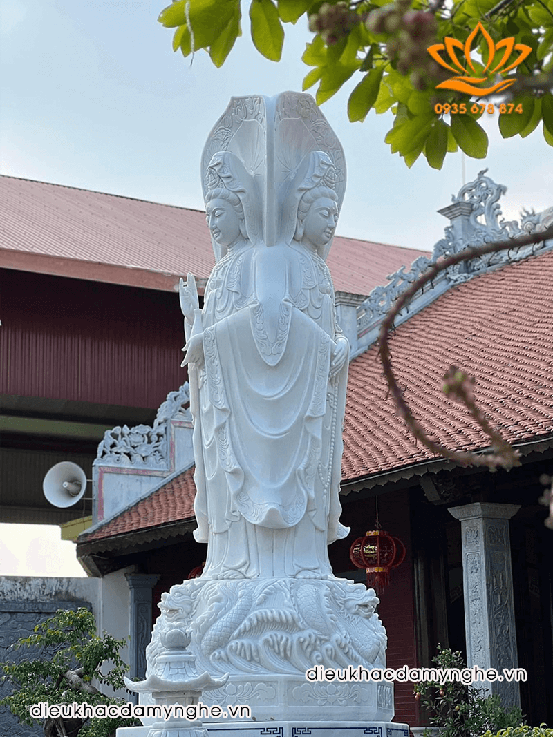 Tượng Phật Quan Âm Tam Diện Đứng Bằng Đá Trắng Đẹp