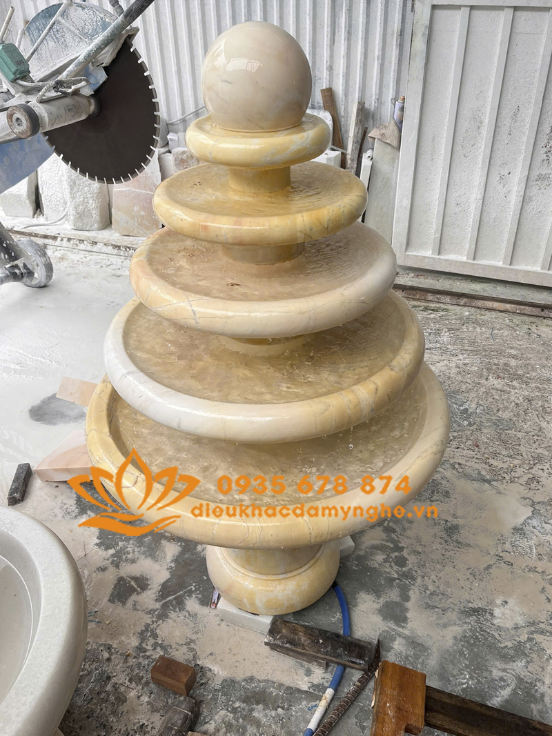 Đài Phun Nước 5 Tầng Bằng Đá Cẩm Thạch Vàng Nguyên Khối