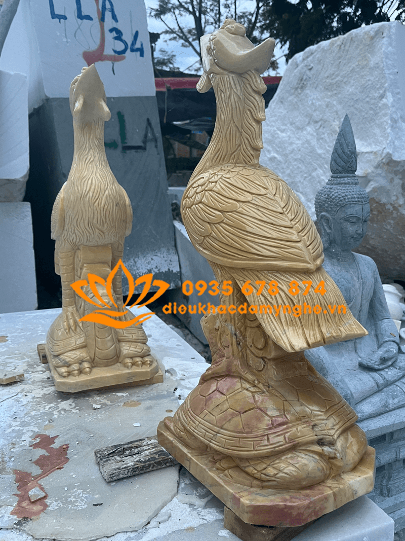Tượng Chim Hạc Đứng Trên Lưng Rùa Bằng Đá Cẩm Thạch