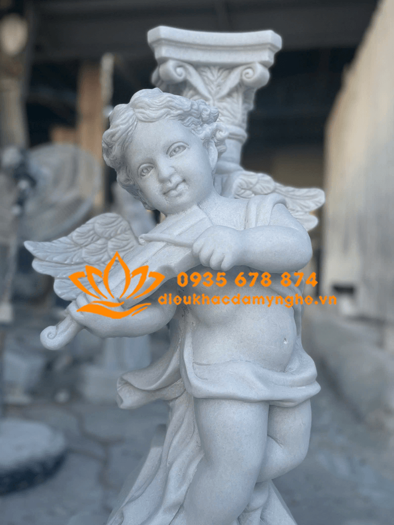 Mẫu Tượng Thiên Thần Đứng Kéo Đàn Bằng Đá Trắng Cao Cấp