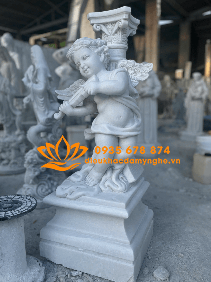 Mẫu Tượng Thiên Thần Đứng Kéo Đàn Bằng Đá Trắng Cao Cấp