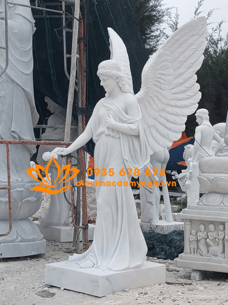 Tượng Cô Gái Thiên Thần Bằng Đá Cẩm Thạch Trắng 2 Mét
