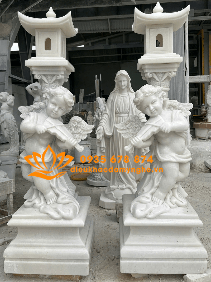Bán Tượng 2 Thiên Thần Bằng Đá Trắng Cao Cấp, Chất Lượng