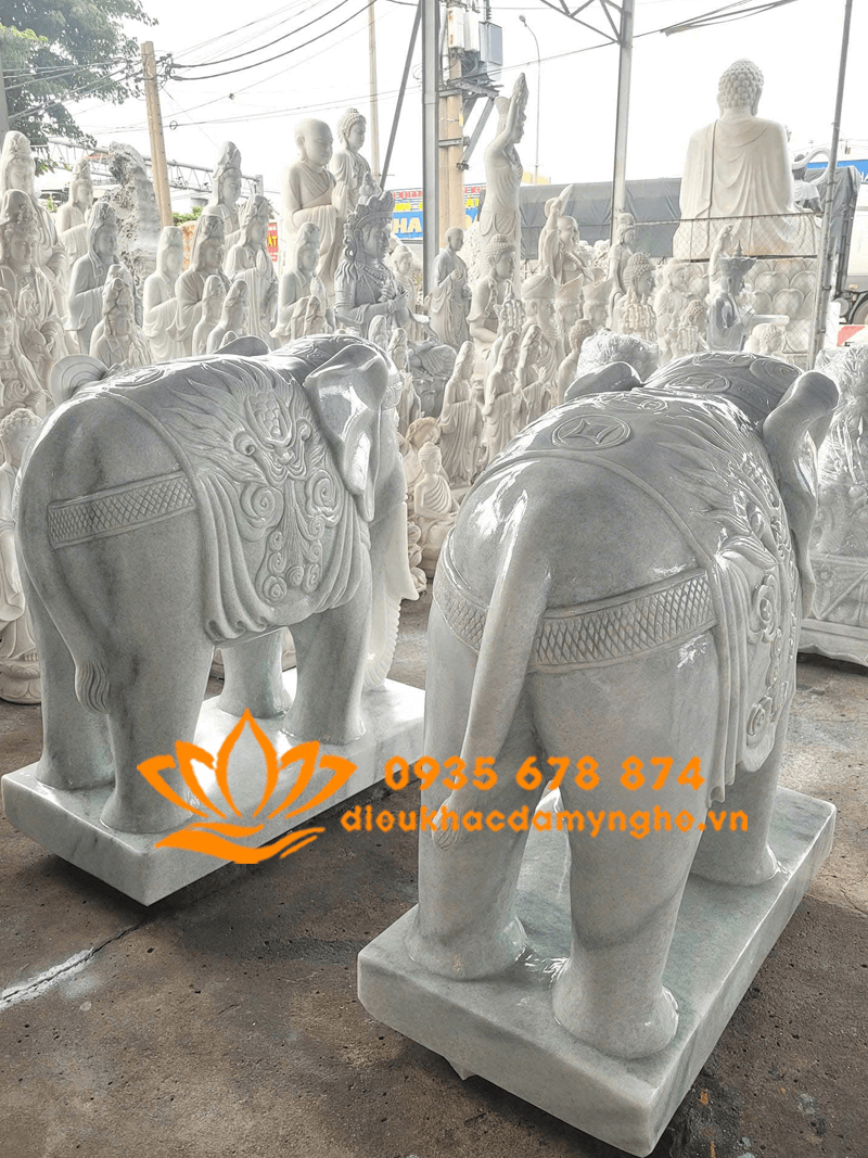 Mẫu Cặp Tượng Voi Bằng Đá Trắng Đẹp Để Cổng Giá Rẻ
