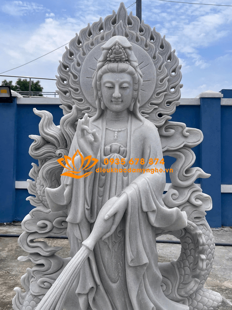 Tượng Quan Âm Cưỡi Rồng Bằng Đá Trắng Đẹp Cao 1,8 Mét