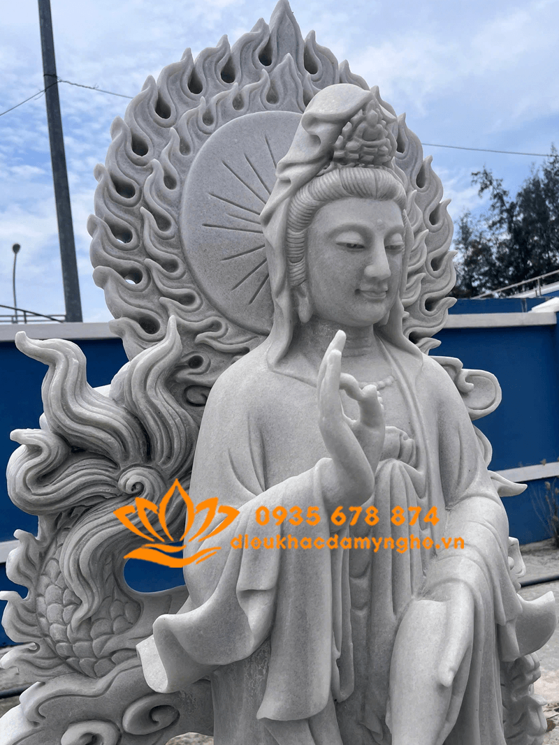 Tượng Quan Âm Cưỡi Rồng Bằng Đá Trắng Đẹp Cao 1,8 Mét