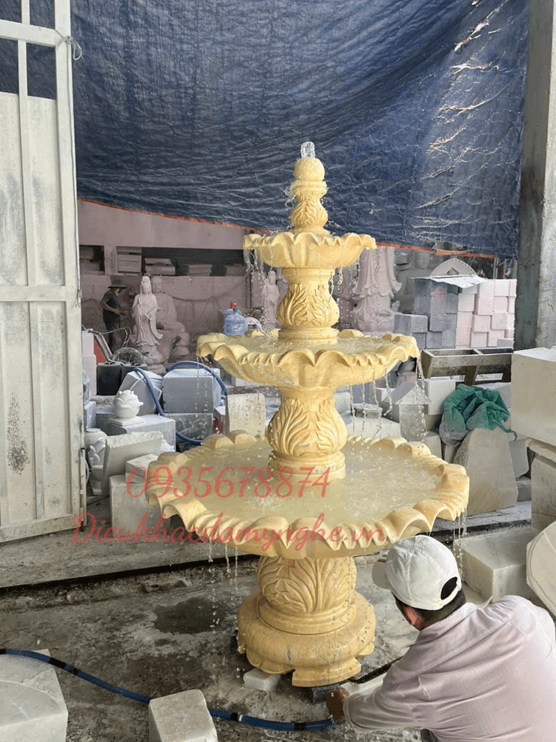 Làm Đài Phun Nước Hồ Cá Bằng Đá Cẩm Thạch Vàng Đẹp