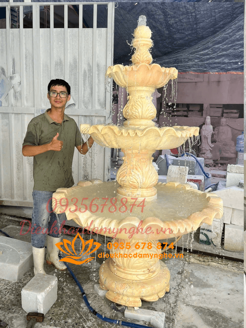 Làm Đài Phun Nước Hồ Cá Bằng Đá Cẩm Thạch Vàng Đẹp