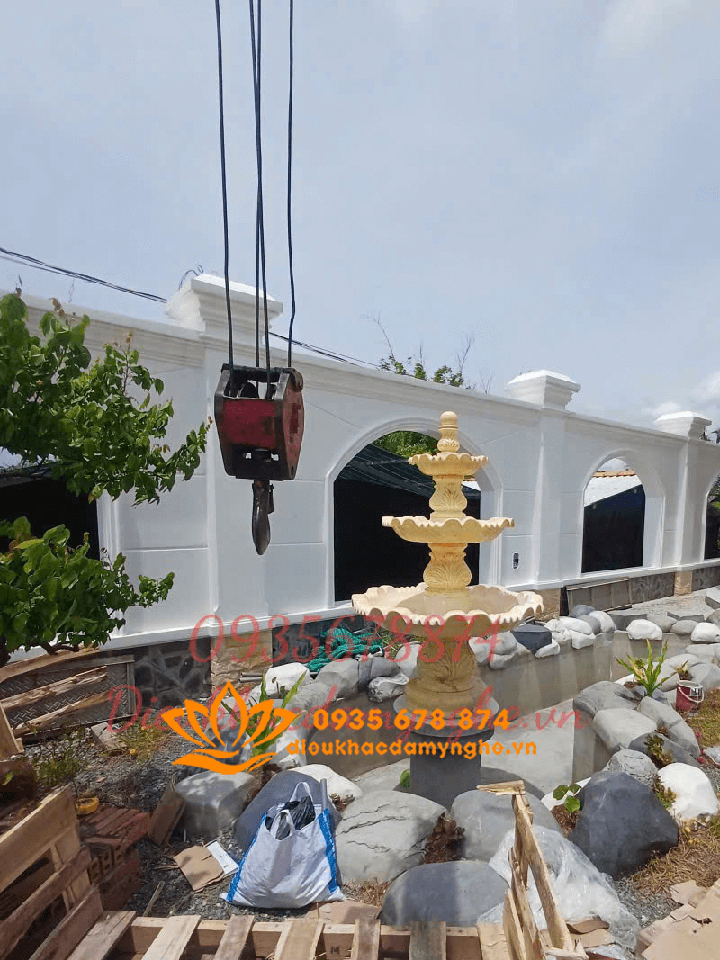 Làm Đài Phun Nước Hồ Cá Bằng Đá Cẩm Thạch Vàng Đẹp