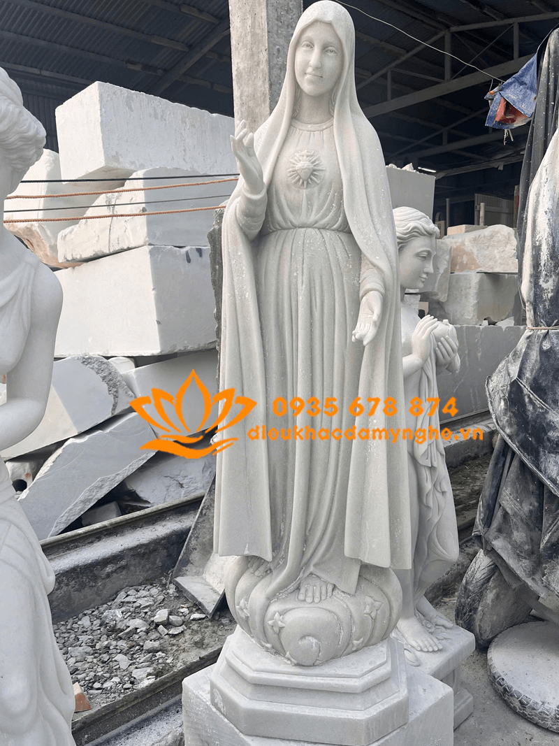 Tượng Đức Mẹ Fatima Bằng Đá Trắng Mịn Cao Cấp