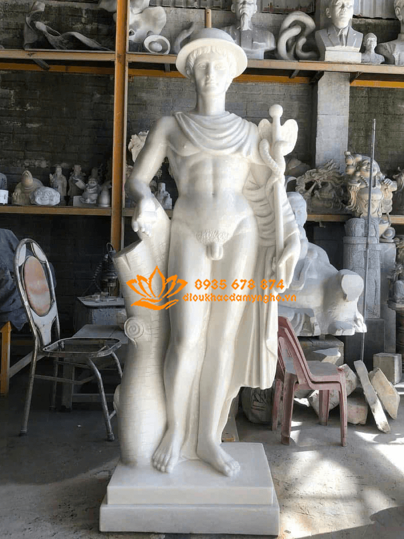 Tượng Thần Hermes đứng bằng đá trắng cao 2 mét