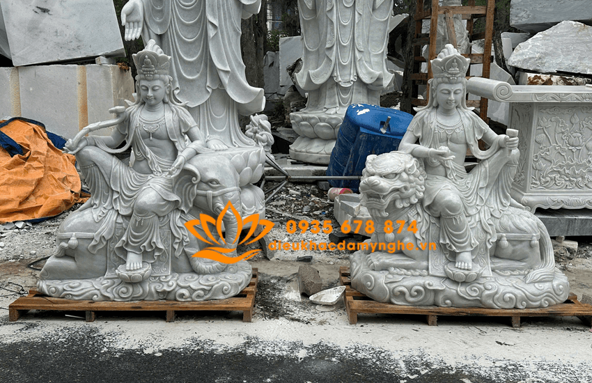 Bộ Tượng Văn Thù Phổ Hiền Bồ Tát Đẹp Bằng Đá Tự Nhiên