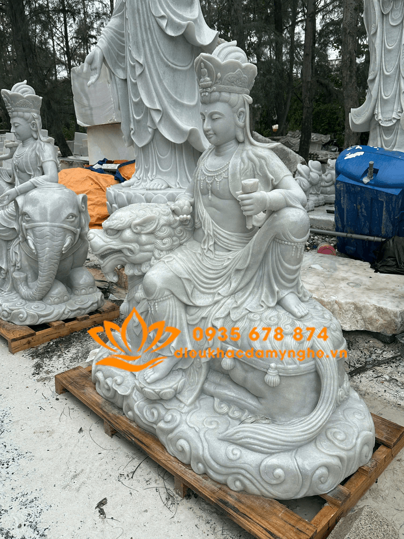 Bộ Tượng Văn Thù Phổ Hiền Bồ Tát Đẹp Bằng Đá Tự Nhiên